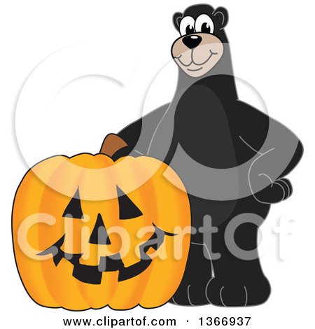Clipart of a Black Bear School Mascot Character with a Halloween Jackolantern Pumpkin - Royalty Free Vector Illustration by Mascot Junction