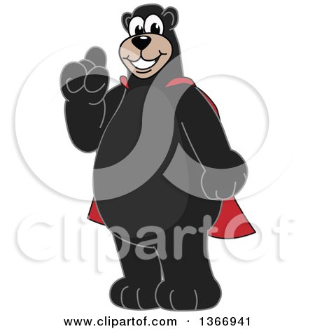Clipart of a Black Bear School Mascot Character Wearing a Super Hero Cape, Holding up a Finger - Royalty Free Vector Illustration by Mascot Junction