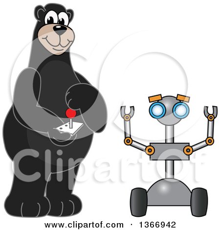 Clipart of a Black Bear School Mascot Character Controlling a Robot - Royalty Free Vector Illustration by Mascot Junction