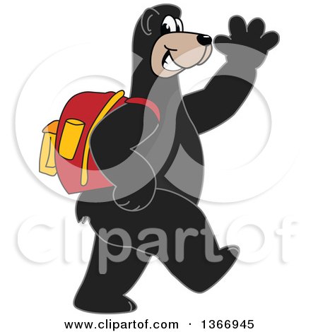 Clipart of a Black Bear School Mascot Character Wearing a Backpack, Walking and Waving - Royalty Free Vector Illustration by Toons4Biz