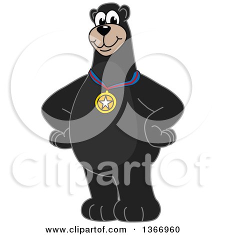 Clipart of a Black Bear School Mascot Character Wearing a Sports Medal - Royalty Free Vector Illustration by Mascot Junction