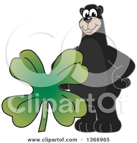 Clipart of a Black Bear School Mascot Character with a Four Leaf St Patricks Day Clover - Royalty Free Vector Illustration by Mascot Junction