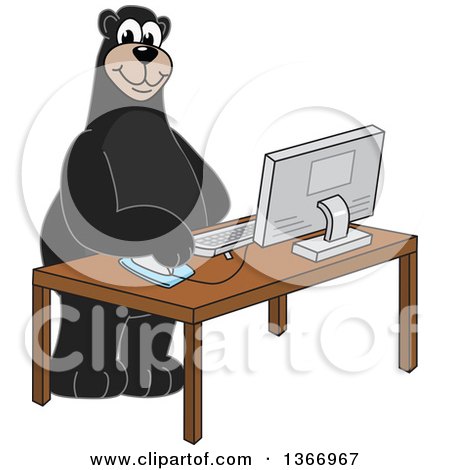 Clipart of a Black Bear School Mascot Character Using a Desktop Computer - Royalty Free Vector Illustration by Mascot Junction