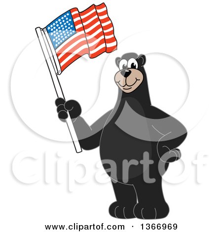 Clipart of a Black Bear School Mascot Character Waving an American Flag - Royalty Free Vector Illustration by Mascot Junction