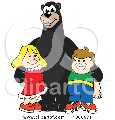 Clipart of a Black Bear School Mascot Character Posing with Students - Royalty Free Vector Illustration by Toons4Biz