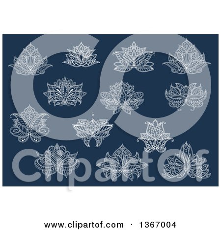 Clipart of White Henna Lotus Flowers on Blue - Royalty Free Vector Illustration by Vector Tradition SM