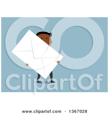 Clipart of a Flat Design Black Business Man Carrying a Giant Envelope, on Blue - Royalty Free Vector Illustration by Vector Tradition SM