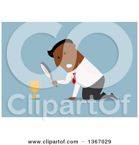 Clipart of a Flat Design Black Business Man Kneeling and Inspecting a Trophy, on Blue - Royalty Free Vector Illustration by Vector Tradition SM