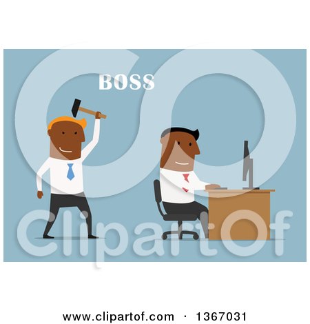Clipart of a Flat Design Black Business Man Boss Sneaking up Behind an Employee, on Blue - Royalty Free Vector Illustration by Vector Tradition SM