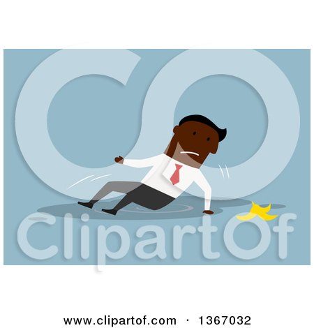 Clipart of a Flat Design Black Business Man Slipping on a Banana Peel, on Blue - Royalty Free Vector Illustration by Vector Tradition SM