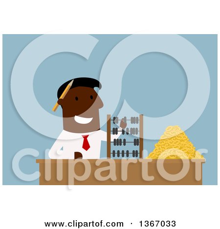 Clipart of a Flat Design Black Business Man Counting Coins with an Abacus, on Blue - Royalty Free Vector Illustration by Vector Tradition SM