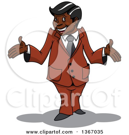 Clipart of a Cartoon Happy Black Businessman Shrugging - Royalty Free Vector Illustration by Vector Tradition SM