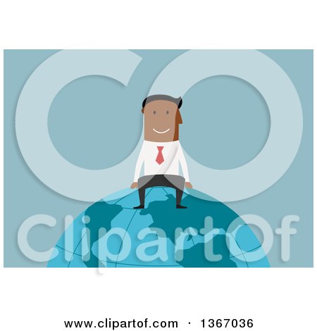 Clipart of a Flat Design Black Business Man Sitting on Top of the World, on Blue - Royalty Free Vector Illustration by Vector Tradition SM