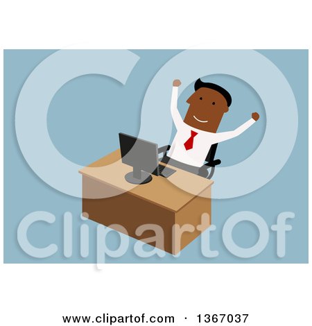 Clipart of a Flat Design Black Business Man Cheering at His Desk, on Blue - Royalty Free Vector Illustration by Vector Tradition SM