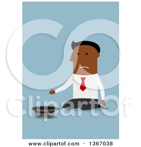Clipart of a Flat Design Black Business Man Kneeling and Begging, on Blue - Royalty Free Vector Illustration by Vector Tradition SM