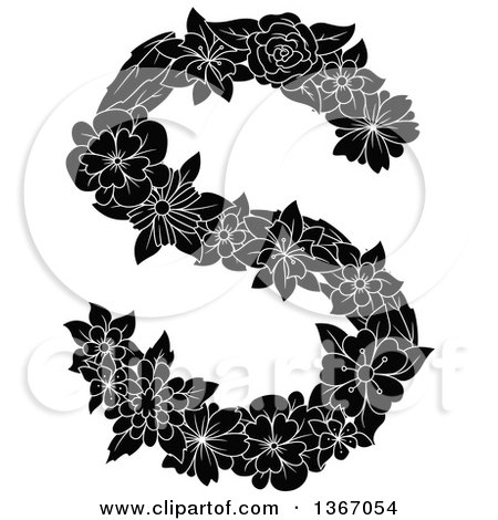 Clipart of a Black and White Floral Uppercase Alphabet Letter S - Royalty Free Vector Illustration by Vector Tradition SM