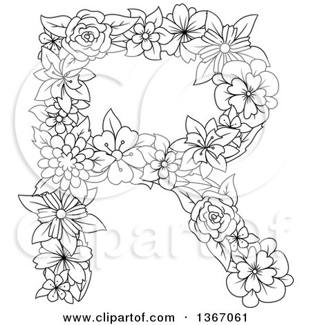 Clipart of a Black and White Outline Floral Uppercase Alphabet Letter R - Royalty Free Vector Illustration by Vector Tradition SM