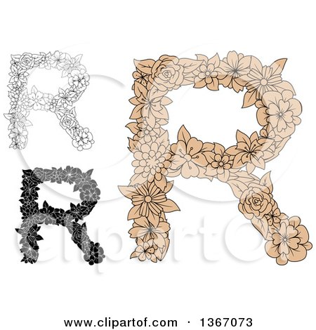 Clipart of Floral Uppercase Alphabet Letter R Designs - Royalty Free Vector Illustration by Vector Tradition SM