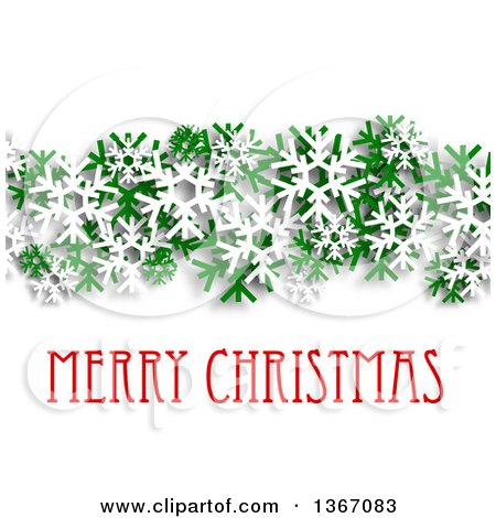 Clipart of a Merry Christmas Greeting with Green and White Snowflakes and Shading on White - Royalty Free Vector Illustration by Vector Tradition SM