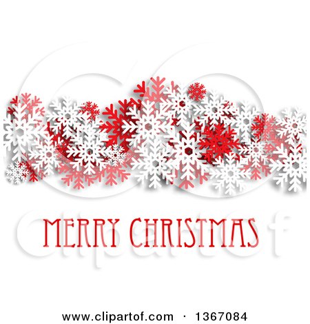Clipart of a Merry Christmas Greeting with Red and White Snowflakes and Shading on White - Royalty Free Vector Illustration by Vector Tradition SM