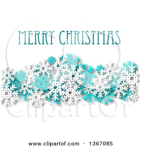 Clipart of a Merry Christmas Greeting with Turquoise and White Snowflakes and Shading on White - Royalty Free Vector Illustration by Vector Tradition SM