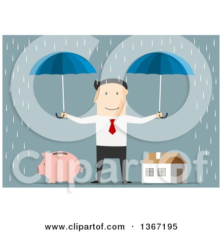 Clipart of a Flat Design White Business Man Holding Umbrellas over a Piggy Bank and House in the Rain, on Blue - Royalty Free Vector Illustration by Vector Tradition SM