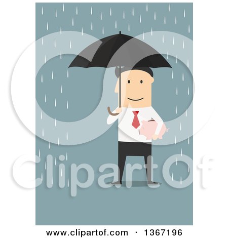Clipart of a Flat Design White Business Man Holding a Piggy Bank and Umbrella in the Rain, on Blue - Royalty Free Vector Illustration by Vector Tradition SM