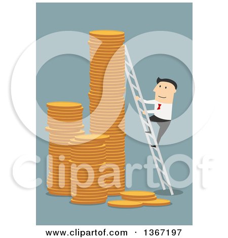 Clipart of a Flat Design White Business Man Climbing a Ladder to the Top of Coin Towers, on Blue - Royalty Free Vector Illustration by Vector Tradition SM