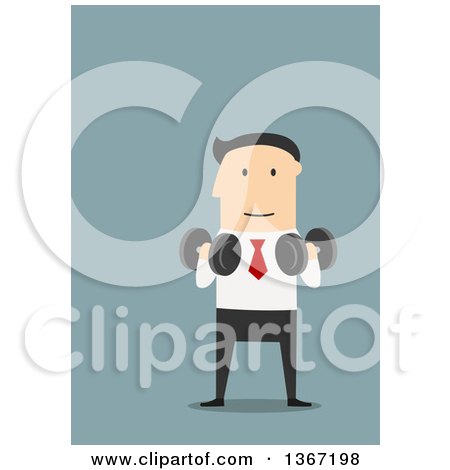 Clipart of a Flat Design White Business Man Strength Training with Dumbbells, on Blue - Royalty Free Vector Illustration by Vector Tradition SM