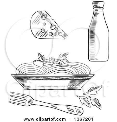 Clipart of a Black and White Sketched Bottle, Cheese and Bowl of Pasta - Royalty Free Vector Illustration by Vector Tradition SM