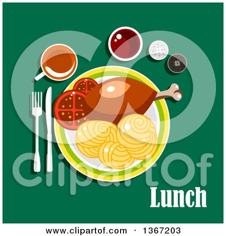 Clipart of a Chicken Drumstick, Pasta and Tea with Text on Green - Royalty Free Vector Illustration by Vector Tradition SM