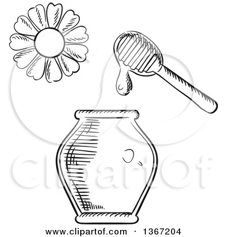 Clipart of a Black and White Sketched Flower, Dipper and Honey Jar - Royalty Free Vector Illustration by Vector Tradition SM