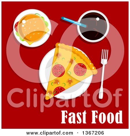 Clipart of a Cheeseburger, Pizza and Soda with Text on Red - Royalty Free Vector Illustration by Vector Tradition SM