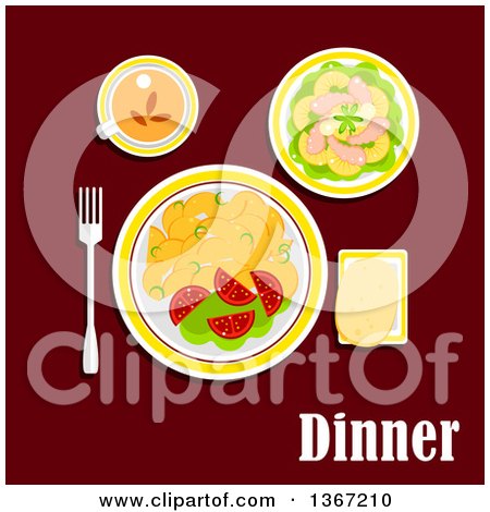 Clipart of a Dinner Served with Fried Potatoes, Fresh Vegetables, Seafood, Pineapple and Lettuce, Wheat Bread and Cup of Black Tea and Text on Red - Royalty Free Vector Illustration by Vector Tradition SM