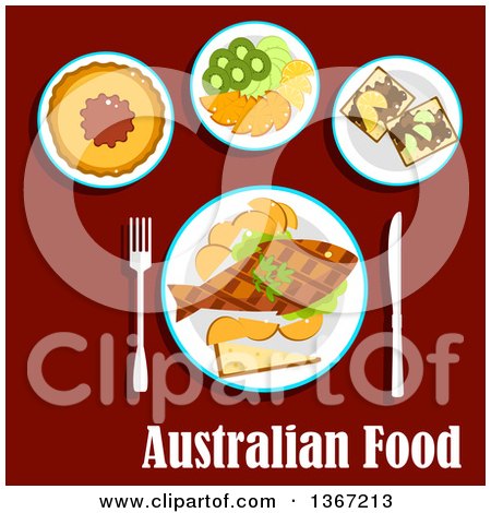 Clipart of a Meal of Australian Cuisine with Fish and Chips, Meat Pie with Tomato Sauce, Fruit Salad with Slices of Apple, Orange, Kiwi and Lemon Fruits, Toasts with Brown Australian Food Pasta with Text on Red - Royalty Free Vector Illustration by Vector Tradition SM