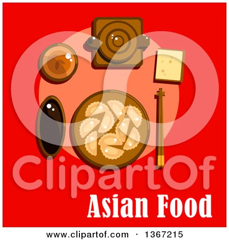 Clipart of Traditional Asian Chinese Dishes Served on Table with Dumplings, Soy Sauce, Ceramic Teapot, Cup of Tea and Chopsticks on Rest with Text on Red - Royalty Free Vector Illustration by Vector Tradition SM