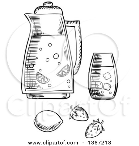 Clipart of a Black and White Sketched Glass, Pitcher, Strawberries and Lemon - Royalty Free Vector Illustration by Vector Tradition SM