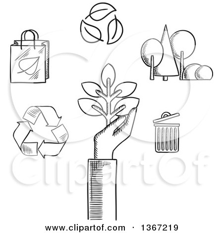 Clipart of a Black and White Sketched Hand, Leaves, Recycle, Trash and Trees - Royalty Free Vector Illustration by Vector Tradition SM