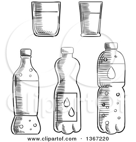Clipart of Black and White Sketched Bottles and Cups - Royalty Free Vector Illustration by Vector Tradition SM