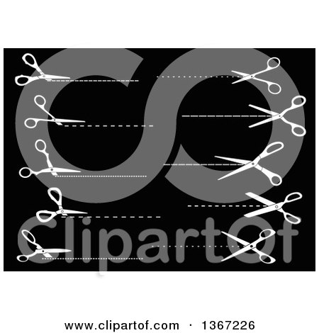 Clipart of White Scissors Cutting Along Dotted Lines on Black - Royalty Free Vector Illustration by Vector Tradition SM