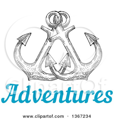 Clipart of Black and White Sketched Anchors over Blue Adventures Text - Royalty Free Vector Illustration by Vector Tradition SM