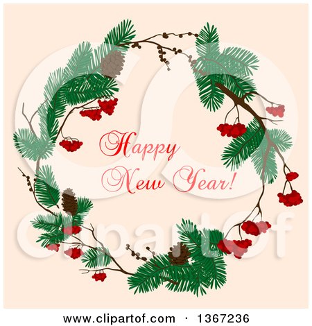 Clipart of a Happy New Year Greeting in a Wreath over Tan - Royalty Free Vector Illustration by Vector Tradition SM