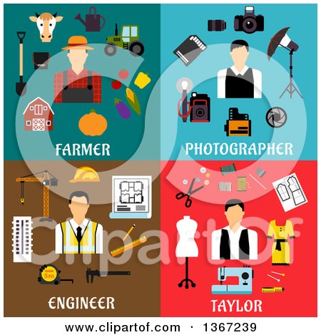 Clipart of Farmer, Photographer, Engineer and Taylor Designs - Royalty Free Vector Illustration by Vector Tradition SM