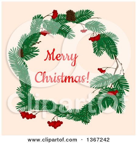 Clipart of a Merry Christmas Greeting in a Wreath over Tan - Royalty Free Vector Illustration by Vector Tradition SM