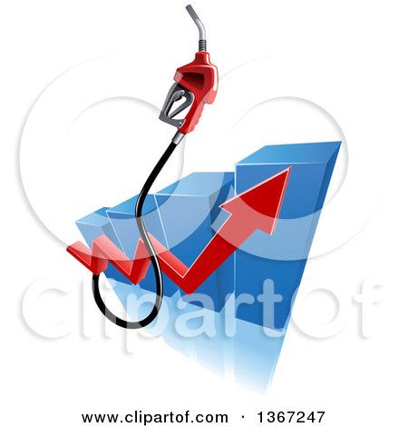 Clipart of a 3d Gas Pump Nozzle over a Blue Bar Graph with a Red Arrow - Royalty Free Vector Illustration by Vector Tradition SM