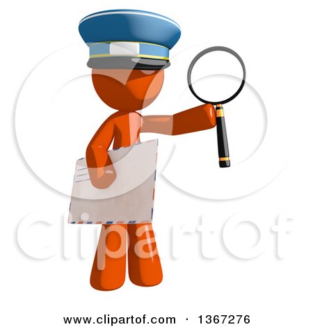 Clipart of an Orange Mail Man Wearing a Hat, Holding a Magnifying Glass and an Envelope - Royalty Free Illustration by Leo Blanchette
