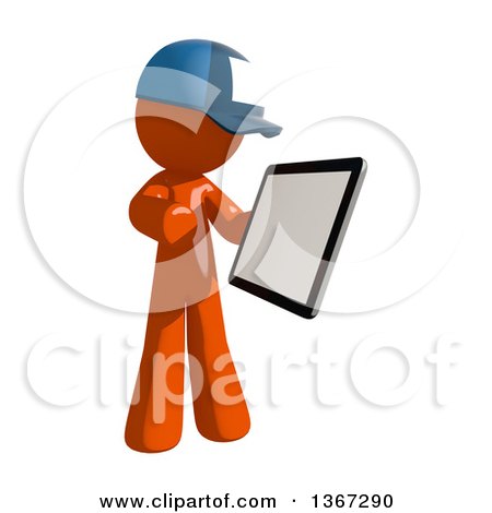 Clipart of an Orange Mail Man Wearing a Baseball Cap, Using a Tablet Computer - Royalty Free Illustration by Leo Blanchette