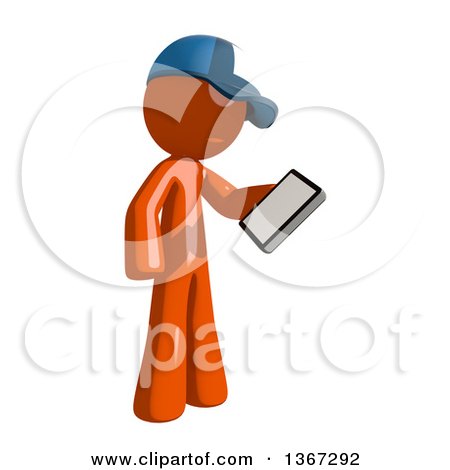 Clipart of an Orange Mail Man Wearing a Baseball Cap, Looking at a Smart Phone - Royalty Free Illustration by Leo Blanchette