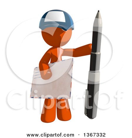 Clipart of an Orange Mail Man Wearing a Baseball Cap, Holding a Pen and an Envelope - Royalty Free Illustration by Leo Blanchette