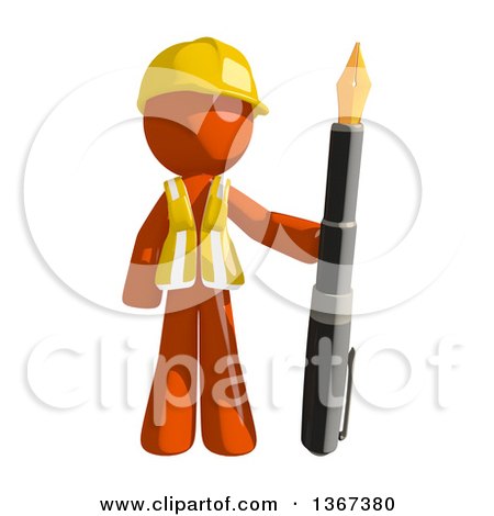 Clipart of an Orange Man Construction Worker Standing with with a Fountain Pen - Royalty Free Illustration by Leo Blanchette